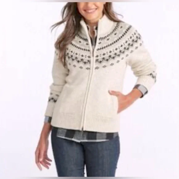 NWT L.L. Bean Fair Isle Classic Rag Wool Grandmacore Zip Cardigan Size Large - Picture 1 of 16